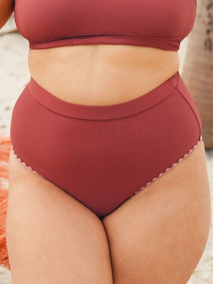 Brick Red Contrast Stitch High Cut Plus Size Bikini Bottom
