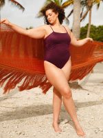 Burgundy Textured Backless Plus Size One-Piece Swimsuit - Image 4
