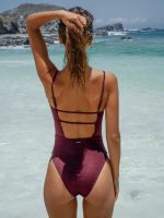 Burgundy Textured Backless One-Piece Swimsuit - Image 5