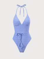Blue Jacquard Halter One-Piece Swimsuit - Image 7