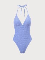 Blue Jacquard Halter One-Piece Swimsuit - Image 6