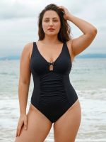 Black Ruched Cutout Tummy Control Plus Size One Piece Swimsuit
