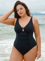 Black Ruched Cutout Tummy Control Plus Size One Piece Swimsuit - Image 3