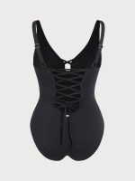 Black Ruched Cutout Tummy Control Plus Size One Piece Swimsuit - Image 5