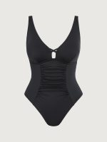 Black Ruched Cutout Tummy Control Plus Size One Piece Swimsuit - Image 4