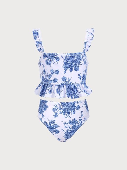 Girls' Blue Floral Tankini Set