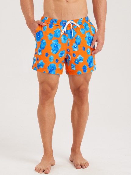 Hapnix® - Men's Orange Floral Print 5" Swim Trunks