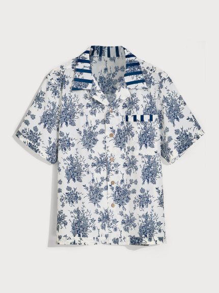 Men's Blue Floral Print Casual T-Shirt