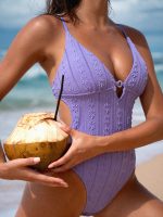 Purple Jacquard Cut-Out One-Piece Swimsuit