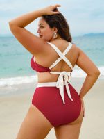 Red Contrast V Notch Plus Size Bikini Top - Image 2