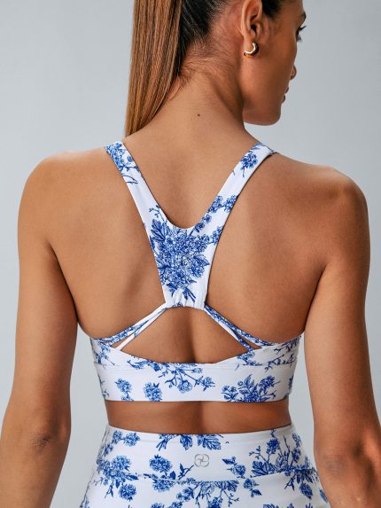 Blue Floral U Neck Sports Bra - Light Support