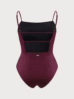 Burgundy Textured Backless Plus Size One-Piece Swimsuit - Image 6