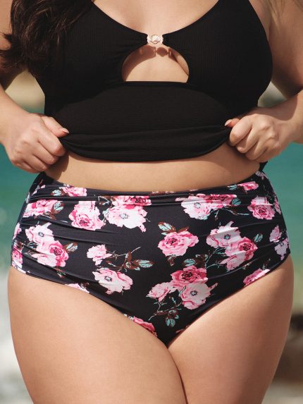 Black Floral Plus Size Bikini Bottom