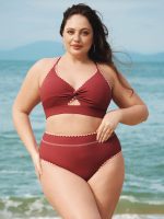 Brick Red Contrast Stitch Plus Size Bikini Bottom - Image 3