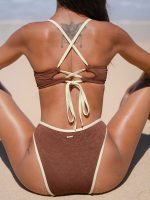Dark Coffee Jacquard X Cross Bikini Top - Image 2
