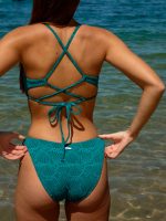 Dark Green Textured Cut Out Bikini Top - Image 2