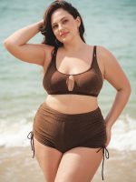 Dark Coffee Lurex Cutout Plus Size Bikini Top - Image 4