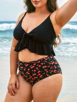 Black Lace-Up Ruffled Plus Size Tankini Top - Image 2