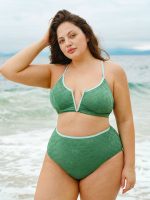 Dark Green Jacquard V Notch Plus Size Bikini Top - Image 3