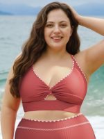 Brick Red Contrast Stitch Plus Size Bikini Top - Image 3
