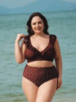 Brown Ruffled V-Neck Plus Size Bikini Top - Image 5