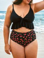 Black Lace-Up Ruffled Plus Size Tankini Top - Image 5