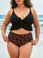 Black Lace-Up Ruffled Plus Size Tankini Top - Image 4