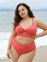Red Jacquard Twist Plus Size Bikini Top - Image 3