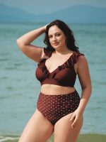 Brown Ruffled V-Neck Plus Size Bikini Top - Image 4