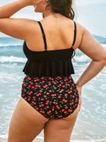 Black Lace-Up Ruffled Plus Size Tankini Top - Image 3