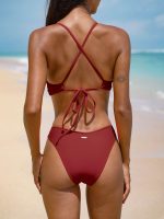 Wine Red Twist Backless Bikini Top - Image 2