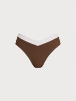 Brown Contrast Trim V-Cut Full Coverage Bikini Bottom - Image 6