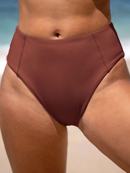 Brown Ribbed Seam Full Coverage Bikini Bottom