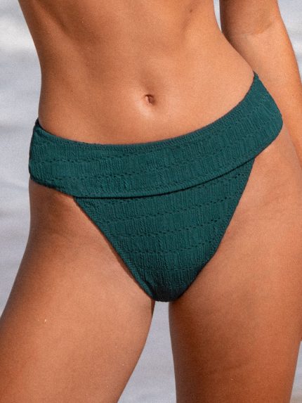 Dark Green Textured Natural Waisted Bikini Bottom