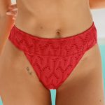 Red Textured High Cut Bikini Bottom
