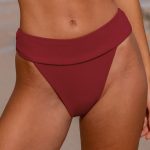 Wine Red Ribbed High Cut Bikini Bottom