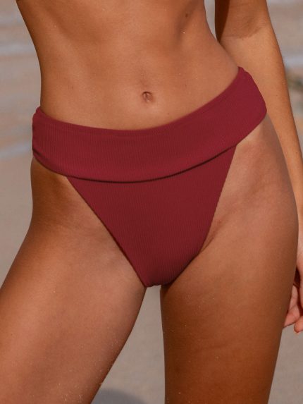 Wine Red Ribbed High Cut Bikini Bottom