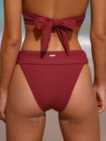 Wine Red Ribbed High Cut Bikini Bottom - Image 2