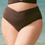 Dark Coffee Textured V Cut Plus Size Tankini Bottom