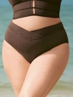 Dark Coffee Textured V Cut Plus Size Tankini Bottom