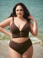 Dark Coffee Textured V Cut Plus Size Tankini Bottom - Image 4