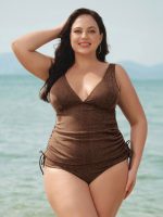 Dark Coffee Lurex Ruched Plus Size Bikini Bottom - Image 3