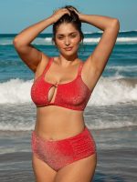 Red Lurex Cut Out Plus Size Bikini Top - Image 2