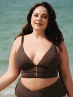 Dark Coffee Textured V Neck Plus Size Tankini Top - Image 3