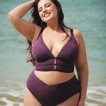 Purple Textured V Neck Plus Size Tankini Top