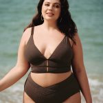 Dark Coffee Textured V Neck Plus Size Tankini Top