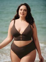 Dark Coffee Textured V Neck Plus Size Tankini Top
