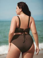 Dark Coffee Textured V Neck Plus Size Tankini Top - Image 2