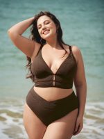 Dark Coffee Textured V Neck Plus Size Tankini Top - Image 4