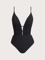 Black Textured Plunge One-Piece Swimsuit - Image 6